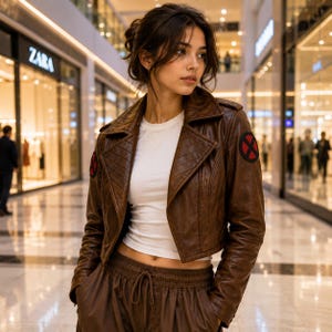 May include: A brown leather jacket with a wide collar and long sleeves, featuring a circular red and black X-Men logo patch on each shoulder. The jacket is worn over a plain white short-sleeved t-shirt and paired with brown drawstring trousers.