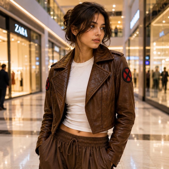 Handmade X-Men 97 Inspired Rogue Cosplay Jacket | Cropped Brown Leather | X-Women 90s Mutant Retro Apparel | Superhero Comic Con Costume