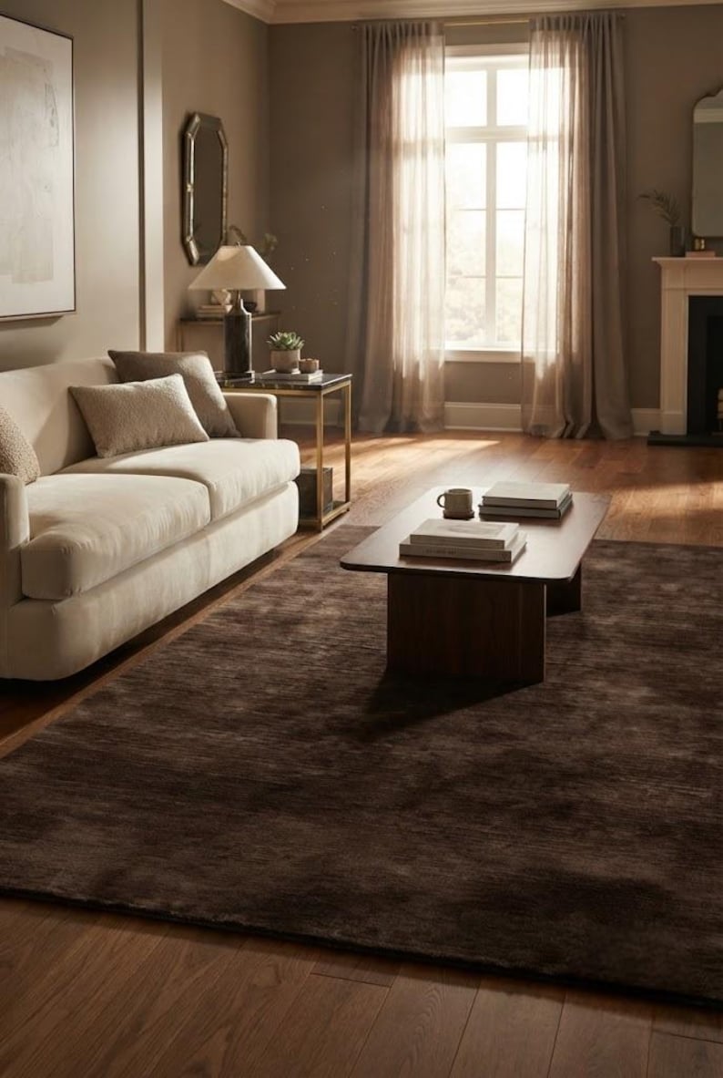 May include: A large rectangular area rug in a deep dark brown color with a subtle textured finish, positioned on a wooden floor in a living room setting that includes a light beige sofa, a low wooden coffee table, and sheer window curtains.