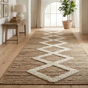 Handmade Large Diamond Jute Runner Rug Braided Natural Fiber Lattice Area Carpet with Thick White Accents