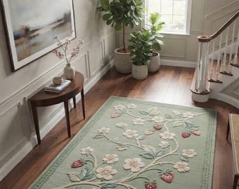 May include: A rectangular sage green area rug featuring a raised, tufted design of white strawberry blossoms, green leaves, and red strawberries on a vine. The rug has a decorative border with a repeating linear pattern along the edges.