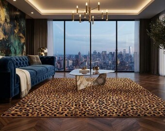 May include: A rectangular area rug featuring a brown and black leopard print pattern. The rug is positioned on a dark wood herringbone floor in a room with a blue tufted sofa, a glass-topped coffee table, and a large potted plant near a window.