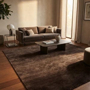 May include: A large rectangular area rug in a deep chocolate brown hue with a subtle textured finish, positioned on a wooden floor beneath a low-profile coffee table, a sofa with matching brown cushions, and a side table with a glass lamp.