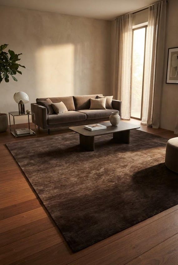Luxury Solid Espresso Brown Hand Tufted Rug, Dark Chocolate Viscose Wool Blend Carpet,