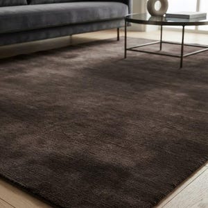 May include: A large, rectangular area rug in a deep, solid dark brown color. The rug features a dense, low-pile texture with subtle horizontal striations across its surface, providing a uniform appearance that covers the floor space.