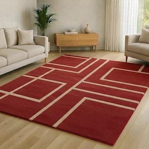 Modern Abstract Block Geometric Crimson Red & Cream Statement Carpet