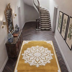 Luxurious Baroque Medallion Hand-Tufted Wool Area Heritage Floral Mandala Mustard Yellow/Ivory Statement Carpet