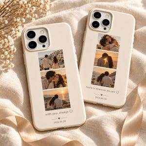May include: Two cream-colored smartphone cases featuring three vertical photo slots each. The left case displays the text "with you, always" with a heart and "2026.05.20". The right case displays "home is wherever you are" with a heart and "2026.05.20".