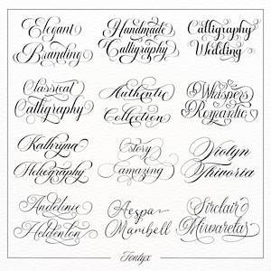 Könnte beinhalten: Eine Sammlung schwarzer kalligrafischer Textbeispiele, die in einem Raster angeordnet sind. Die Wörter umfassen Elegant Branding, Handmade Calligraphy, Wedding, Classical, Authentic Collection, Whispers Romantic, Kathryna, Heliography, Story, Amazing, Violyn, Thivoria, Andelinie, Heldenton, Aespa, Maribell, Sirclair, Miwaretas und Fontyx.