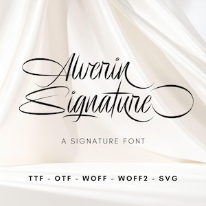 Könnte beinhalten: Eine digitale Grafik mit dem Text Alverin Signature in einer schwarzen Schreibschrift, gefolgt von dem Text A SIGNATURE FONT und einer Liste von Dateiformaten wie TTF, OTF, WOFF, WOFF2 und SVG, vor einem weißen Stoffhintergrund.