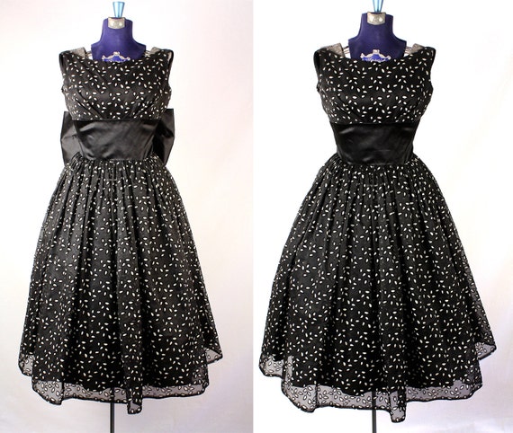 50s Black and White Satin and Organza Party Dress