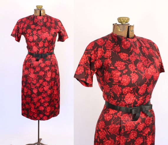 1960s Red on Brown Floral Bombshell Wiggle Dress,… - image 1