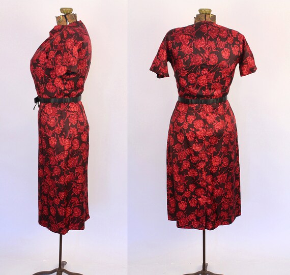 1960s Red on Brown Floral Bombshell Wiggle Dress,… - image 3