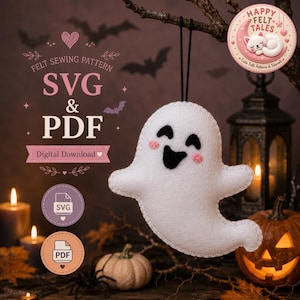 May include: A white felt ghost ornament with black eyes and mouth, pink cheeks, and a black hanging cord. The text reads FELT SEWING PATTERN SVG & PDF Digital Download. The design includes icons for SVG and PDF files and a logo for Happy Felt Tales.