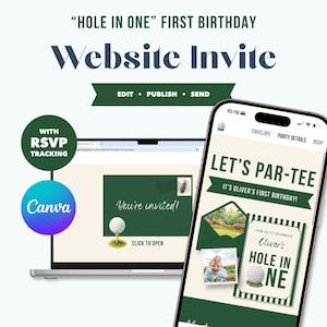 Pode incluir: Um modelo de convite digital para um primeiro aniversário exibido numa tela de portátil e smartphone. O design apresenta temas de golfe com o texto "Hole in One", "Let's Par-Tee" e "Oliver's Hole in One" em verde e branco.