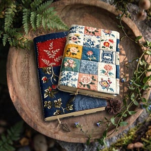Vintage Faux-Patchwork Fabric Book Cover, Rustic Nature Planner Protector