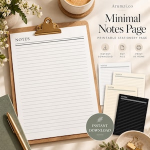 Può includere: Un set di cancelleria con una pagina per appunti stampabile, un foglio bianco con linee orizzontali nere e la parola NOTES in alto, fissato su una cartellina dorata. Include campioni di carta in bianco, crema e nero, con il testo Arumzi.co.