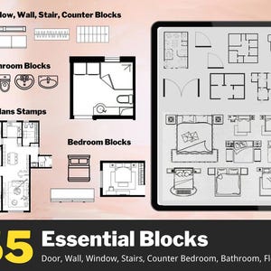 Può includere: Una collezione digitale di 55 blocchi di design architettonico essenziali, inclusi finestre, pareti, scale, banconi, sanitari, mobili da camera e timbri per planimetrie, visualizzati su uno schermo di tablet con il testo 55 Essential Blocks.