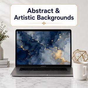 May include: A laptop displaying an abstract navy blue, grey, and gold marble-patterned wallpaper. Above the screen, a white rectangular sign features the dark blue text Abstract & Artistic Backgrounds with a small gold decorative flourish.
