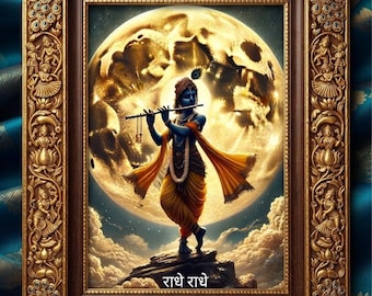 Stampa artistica del flauto di Krishna, decorazione murale tradizionale e divina, opera d'arte spirituale ad alta risoluzione, download digitale immediato.