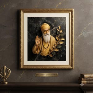 Puede incluir: Una pieza de arte mural enmarcada que presenta un retrato en relieve de Guru Nanak Dev Ji con turbante y túnica amarillos, barba blanca, mano levantada y una rama de laurel dorada. El fondo es de mármol oscuro y tiene una placa con una inscripción.