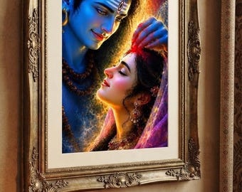 May include: A framed wall art print depicting a blue-skinned deity applying red powder to the forehead of a woman. The ornate gold frame surrounds the artwork. Below, a brass oil lamp, a small bowl of red powder, a bull figurine, and a Ganesha statue.