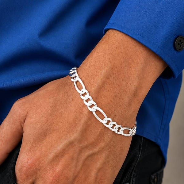 Sterling Silver Figaro Chain Bracelet, Minimalist Unisex Jewelry, Handmade Link Band