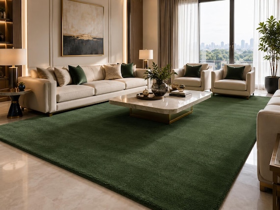 Forest Green Hand Tufted Wool Rug, Plush Deep Green Area Carpet, Handmade Designer Decor