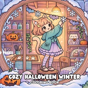 Könnte beinhalten: Ein Malbuch-Cover mit dem Titel COZY HALLOWEEN WINTER und dem Text 40 PAGES. Es zeigt eine illustrierte Figur mit Katzenohren, die Schneeflocken-Dekorationen in einem Raum voller Kürbisse, geisterförmiger Kekse und Regale aufhängt.