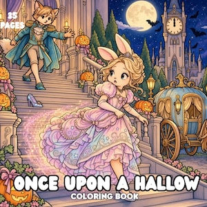 Könnte beinhalten: Ein Malbuch mit dem Titel Once Upon A Hallow mit 35 Seiten, das ein Kaninchen in einem rosa Kleid und einen Fuchs in einem blauen Anzug auf Steintreppen mit Kürbissen, einer Kutsche und einem Uhrturm unter einem Vollmond zeigt.