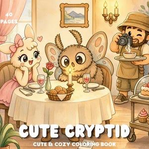 Puede incluir: Una portada de libro para colorear titulada CUTE CRYPTID CUTE & COZY COLORING BOOK con 40 PAGES. La ilustración muestra a un conejo y una criatura polilla en una mesa con una vela, vino y pan, mientras una persona con cámara sirve comida.