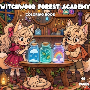 May include: Witchwood Forest Academy colouring book with 40 pages. The cover features two fox-like characters in a wooden room examining three glowing glass jars containing a cloud, leaves, and a rainbow on a table with a sleeping cat.