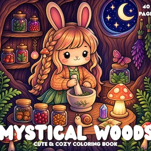 May include: A coloring book cover titled MYSTICAL WOODS CUTE & COZY COLORING BOOK 40 PAGES featuring a rabbit-eared character using a mortar and pestle in a tree hollow. The scene includes glass jars, a glowing mushroom lamp, a snail, and herbs.