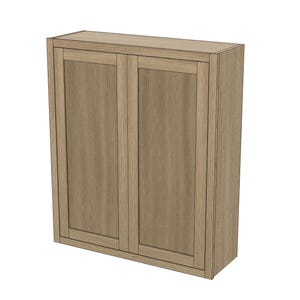 May include: A light brown wooden cabinet with two doors. The cabinet has a rectangular shape and a simple, modern design. The doors are flush with the frame and have a vertical grain pattern.