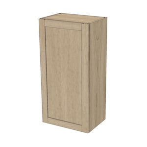 May include: A tall, rectangular wooden cabinet with a light brown finish. The cabinet has a single door with a recessed panel and a simple, clean design. The wood grain is visible, adding texture to the surface.