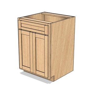 Può includere: Un mobile in legno chiaro non rifinito con due ante e un cassetto. L'armadio è rettangolare con un design semplice, adatto per l'uso in cucina o in bagno. L'armadio è mostrato su uno sfondo bianco.