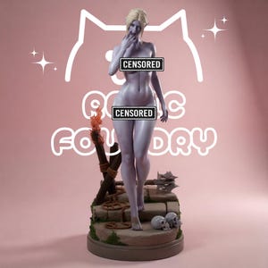 May include: A light-skinned fantasy figurine with blonde hair standing on a stone base with two skulls, a torch, and a spiked mace. The figure has two black rectangular bars with the word CENSORED printed in white across the chest and pelvic area.