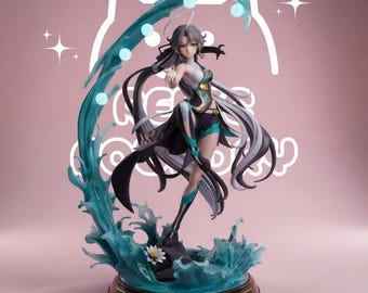 May include: A detailed anime-style figurine of a character with long grey hair, wearing a white and teal outfit, standing amidst a dynamic teal water splash effect with glowing orbs and a small white flower on a circular brown base.