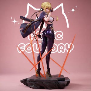 May include: A blonde anime-style character figurine wearing a dark purple bodysuit, a matching cape, and high-heeled boots. The figure stands on a rocky base surrounded by orange translucent spikes, with the text "MAGIC FOUNDRY" in the background.
