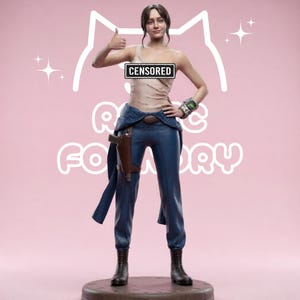 May include: A standing female figurine wearing a beige tank top with distressed details, blue trousers, and dark boots. The figure has a brown holster on the right hip, a wrist-mounted device on the left arm, and a black sign reading CENSORED across the chest.