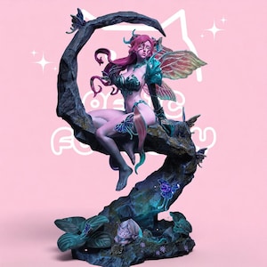 May include: A fantasy figurine featuring a pink-skinned figure with long magenta hair and translucent wings, seated on a dark, textured, curved branch. The figure wears dark teal armour accents and is surrounded by several small blue butterflies.