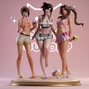 May include: Three female anime-style figurines standing on a sandy base. The left figure wears an orange top and beige shorts, the center figure a white ruffled bikini, and the right figure a pink bikini with a long braided ponytail and a yellow flower.
