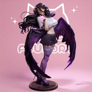 May include: A detailed anime-style figurine of a character with long black hair, curved horns, and large dark purple wings. The figure wears a white cropped t-shirt, a dark pleated skirt, and purple thigh-high stockings with black high-heeled shoes.