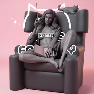 May include: A dark gray figurine of a person with long hair sitting in a high-backed armchair, holding a wand in one hand and an open book in the other. A small cat figure rests on the chair back. The word CENSORED is printed on a black bar.