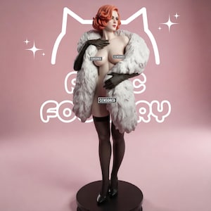 May include: A collectible figurine of a person with short red hair, wearing a white faux fur stole, black opera gloves, black stockings, and black heels. The figure features black rectangular bars with the text CENSORED over the chest and pelvic area.