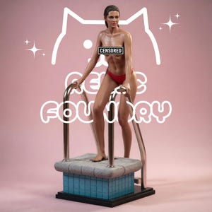 May include: A detailed figurine of a person standing on a pool ladder, wearing red bikini bottoms. The figure has a censored chest area and is positioned on a blue tiled base with metallic silver handrails. The background features a white cat outline.