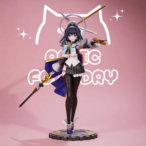 May include: A detailed anime-style figurine of a character with dark hair, wearing a white and blue outfit with a cape, holding a gold-tipped spear. The figure features a circular halo headpiece and stands on a gear-shaped base with clock markings.