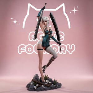 May include: A collectible figurine of a character with short white hair, wearing a teal halter top, white shorts, and black high heels. The figure holds two large black serrated swords and stands on a rocky base with white flowers.