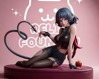 May include: A collectible anime-style figurine featuring a character with short blue hair and pointed ears, wearing a black top and shorts, holding a small tool. A long tail curves behind, and a red apple sits on the circular base.