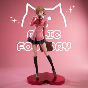 May include: A collectible anime-style figurine of a character with short brown hair, wearing a pink collared jacket with a red bow, a dark blue pleated skirt, and black knee-high socks. The figure holds a brown briefcase and stands on a heart-shaped base.